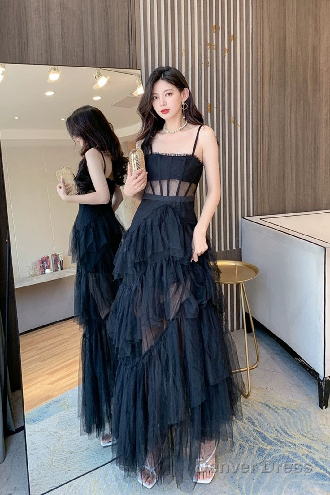 Black Straps Layers Straps Tulle Long Party Dress, A-Line Black Tulle Prom Dress Main image