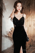 Black Straps Mermaid Velvet Long Party Dress With Leg Slit, Black Long Prom Dress