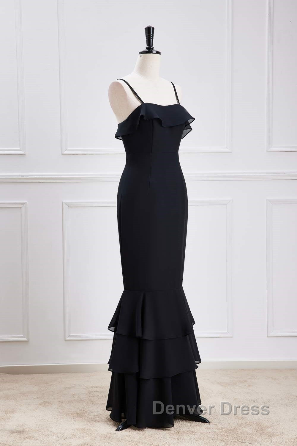 Black Straps Ruffle Multi-Layer Chiffon Maxi Dresses