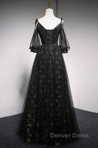 Black Straps Tulle Long Party Dresses With Sleeves Evening Dresses, Black A-Line Prom Dresses Party Dresses