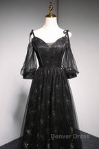 Black Straps Tulle Long Party Dresses With Sleeves Evening Dresses, Black A-Line Prom Dresses Party Dresses