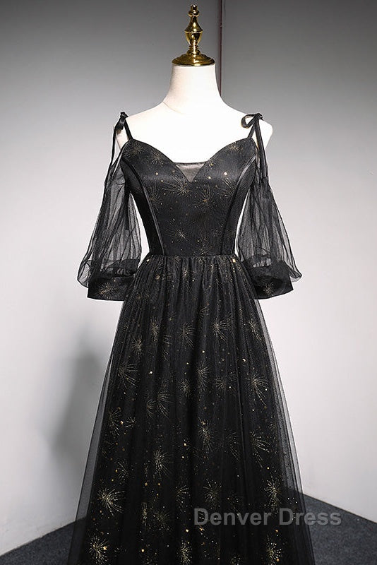 Black Straps Tulle Long Party Dresses With Sleeves Evening Dresses, Black A-Line Prom Dresses Party Dresses