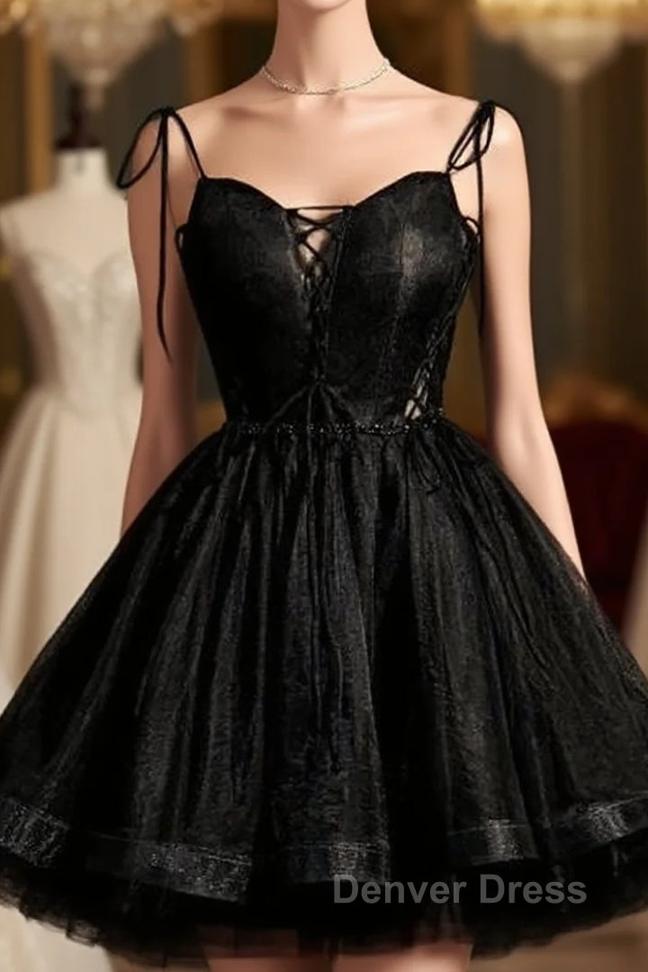 Black Straps Tulle Short Homecoming Dresses Prom Dresses, Little Black Party Dresses Main image