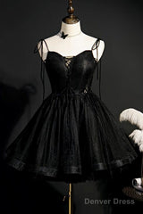 Black Straps Tulle Short Homecoming Dress Prom Dress, Little Black Party Dresses