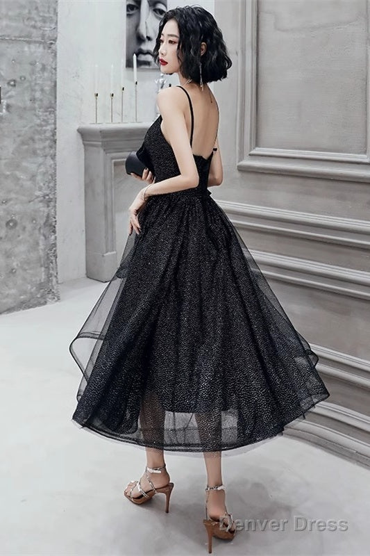 Black Straps Tulle Tea Length Homecoming Dress, Black Short Prom Dresses