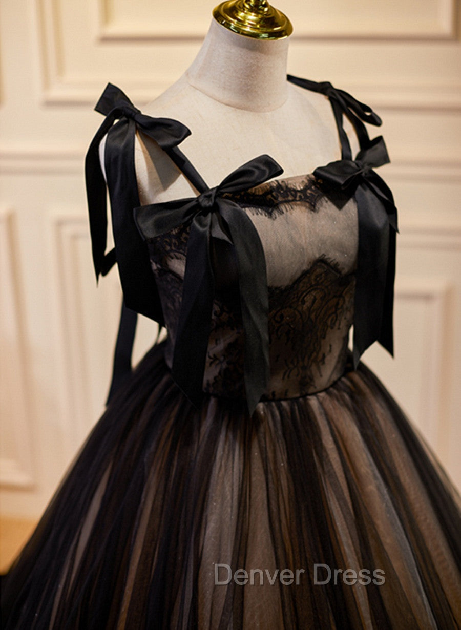Black Straps Tulle with Lace Long Formal Dresses, Black A-line Prom Dresses