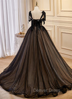 Black Straps Tulle with Lace Long Formal Dresses, Black A-line Prom Dresses