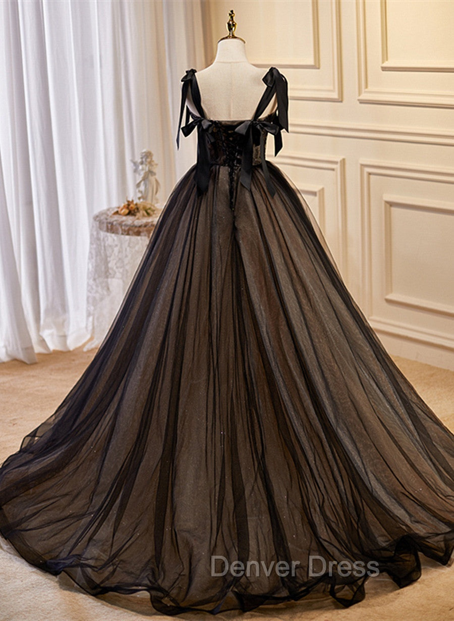Black Straps Tulle with Lace Long Formal Dresses, Black A-line Prom Dresses