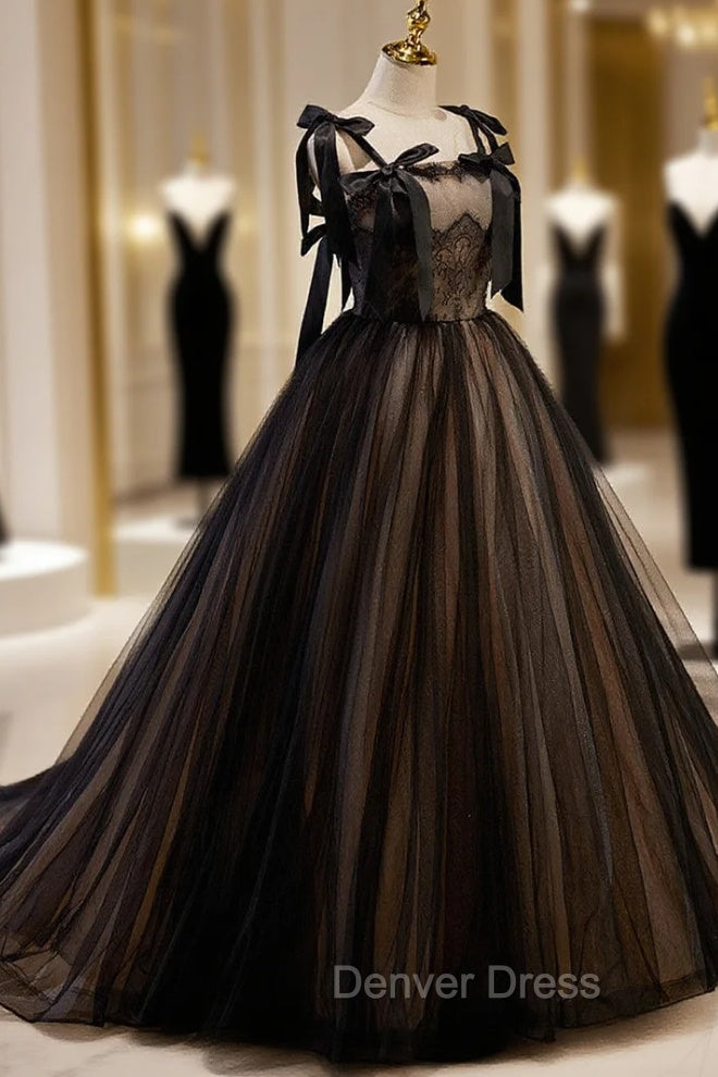 Black Straps Tulle with Lace Long Formal Dresses, Black A-line Prom Dresses