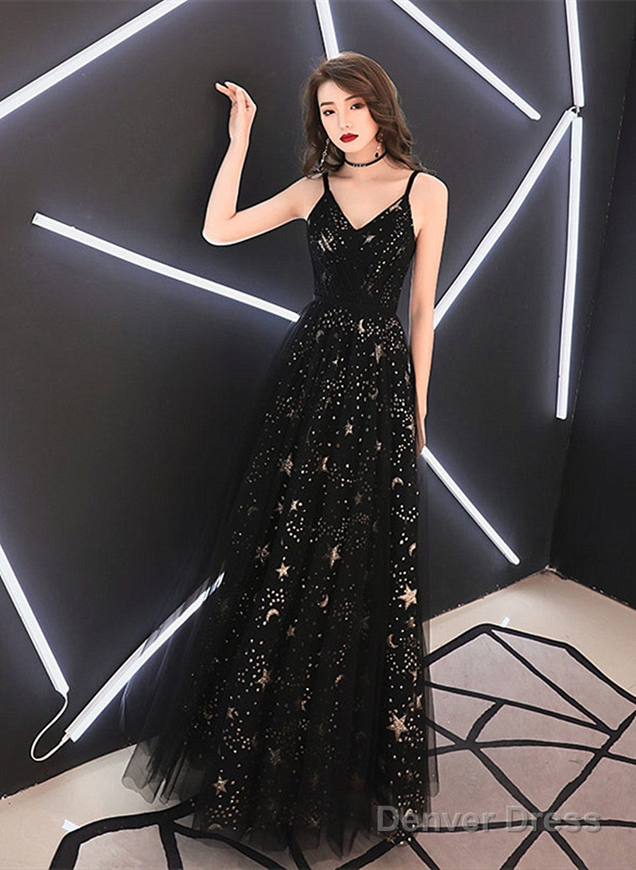 Black Straps V-Neckline Long Party Dress, A-Line Black Tulle Prom Dress Secondary image