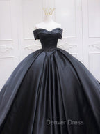 Black Sweetheart Neck Satin Long Prom Gown, Black Sweet 16 Dresses