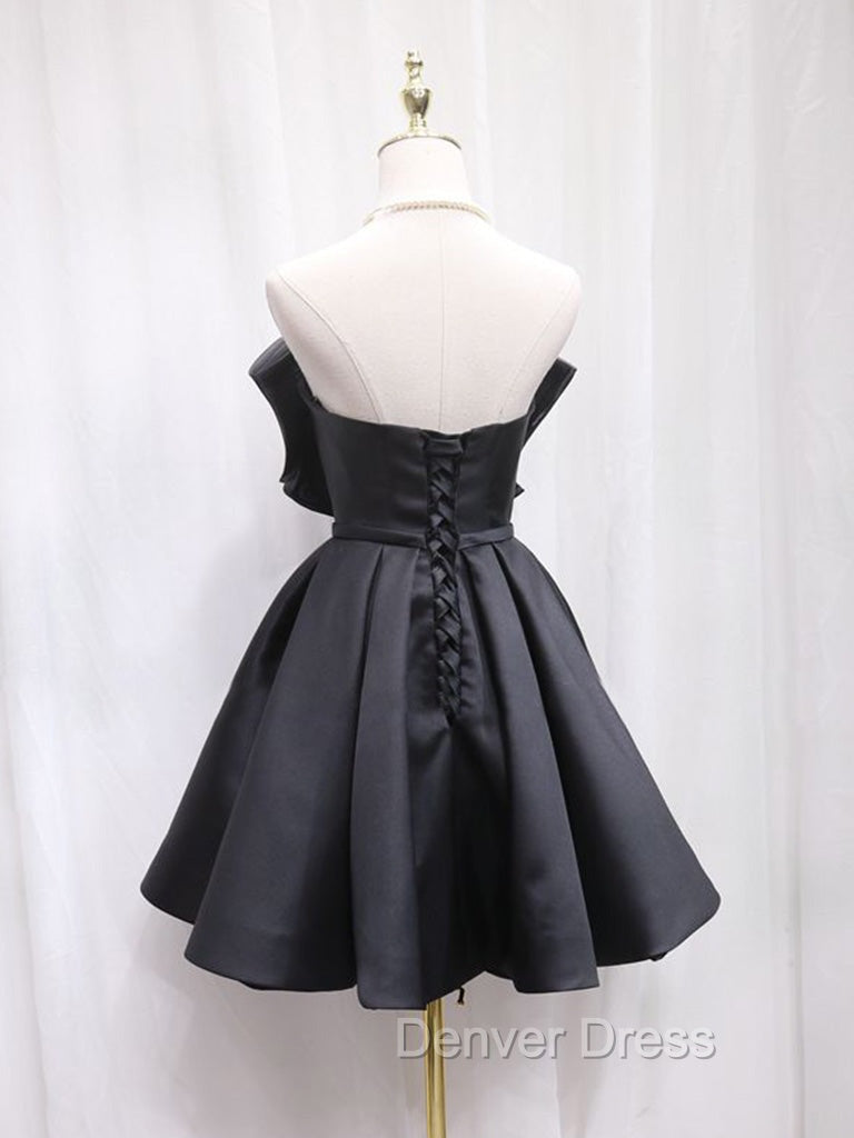Black Sweetheart Neck Satin Short Prom Dresses, Black Homecoming Dresses