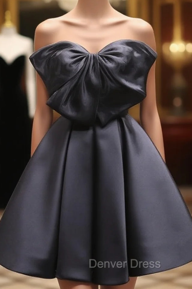 Black Sweetheart Neck Satin Short Prom Dresses, Black Homecoming Dresses Main image