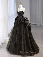 Black Sweetheart Neck Satin Tulle Long Prom Dresses, Black Long Formal Dresses