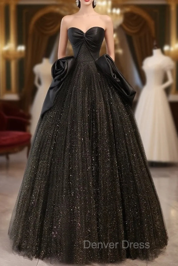 Black Sweetheart Neck Satin Tulle Long Prom Dresses, Black Long Formal Dresses