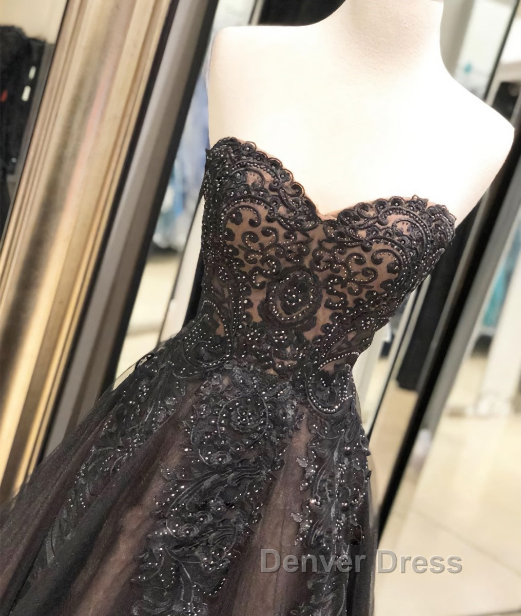 Black sweetheart neck tulle lace long prom Dress, black Prom Dresses