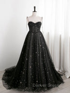 Black Sweetheart Neck Tulle Long Prom Dresses A Line Black Evening Dresses