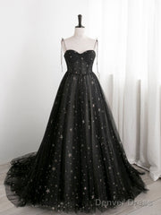 Black Sweetheart Neck Tulle Long Prom Dress A Line Black Evening Dress