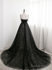 Black Sweetheart Neck Tulle Long Prom Dress A Line Black Evening Dress