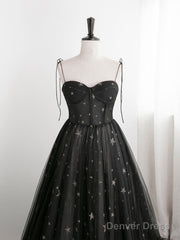Black Sweetheart Neck Tulle Long Prom Dress A Line Black Evening Dress