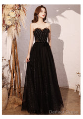 Black Sweetheart Neck Tulle Sequin Beads Long Prom Dress