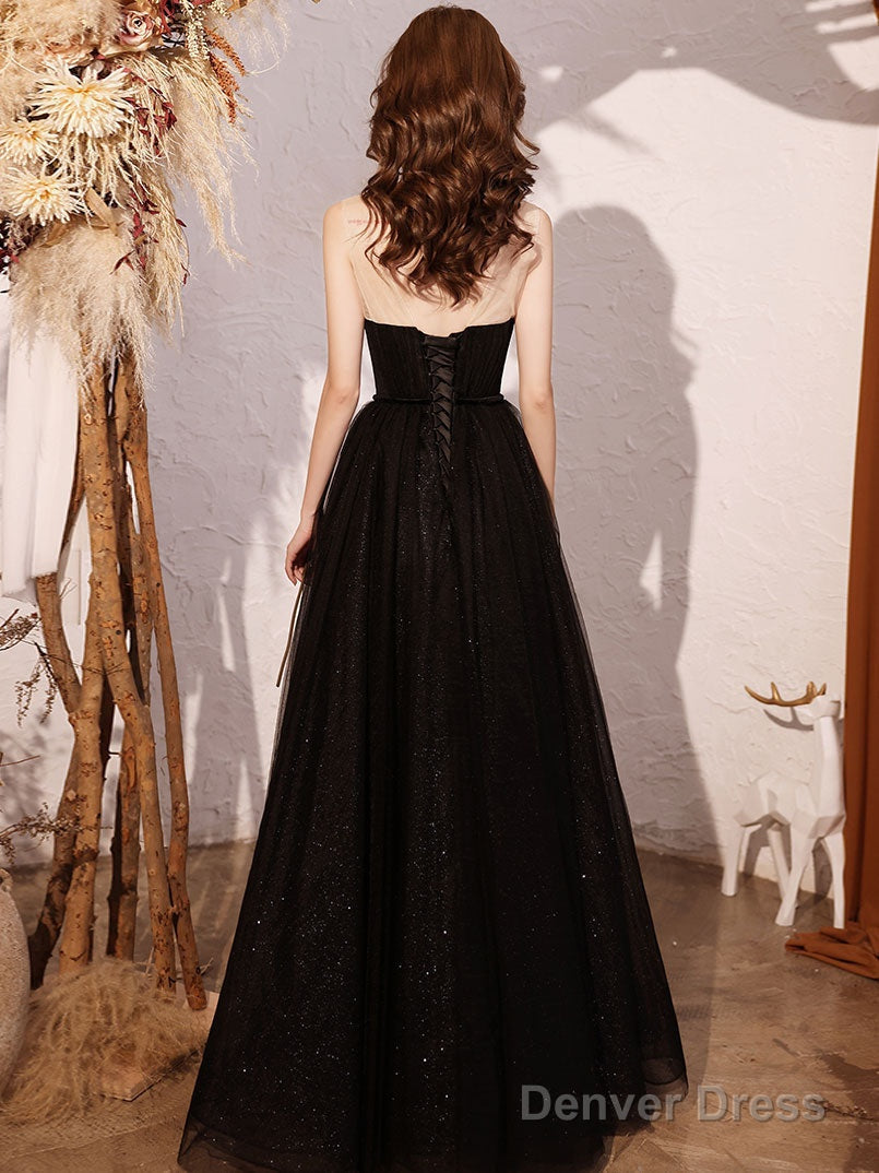 Black Sweetheart Neck Tulle Sequin Beads Long Prom Dress
