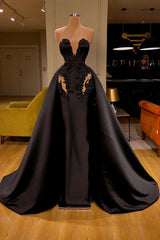 Black Sweetheart Overskirt Long Evening Gowns With Appliques