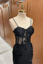 Black Sweetheart Straps Mermaid Appliques Tulle Long Prom Dresses