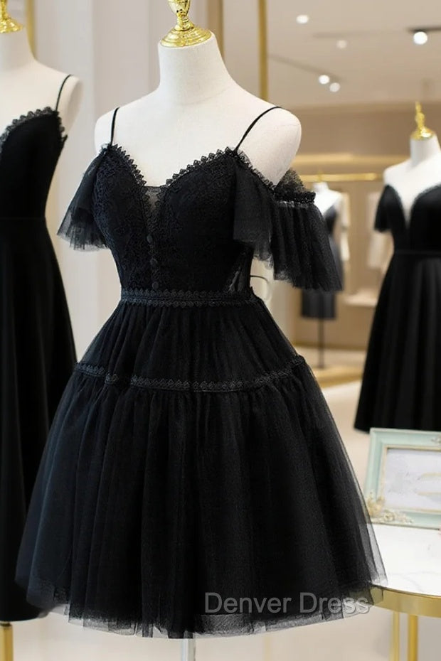 Black Sweetheart Straps Tulle Homecoming Dresses, Black Off Shoulder Prom Dresses Secondary image