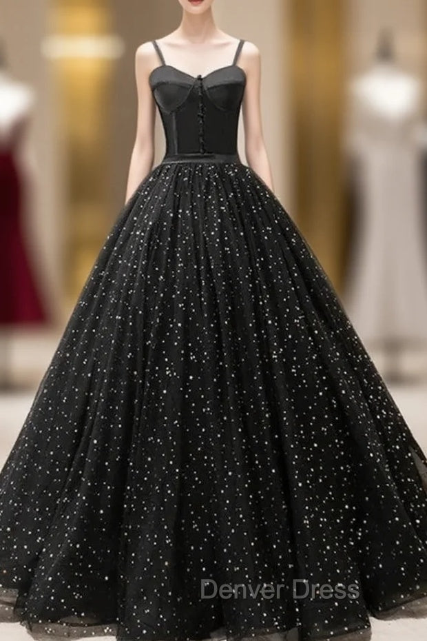 Black Sweetheart Straps Tulle Long Evening Gown Sleeveless Floor-Length Prom Dresses prom Dresses shops Main image