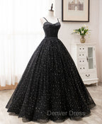 Black Sweetheart Tulle Long Prom Dresses, Black Formal Sweet 16 Dresses