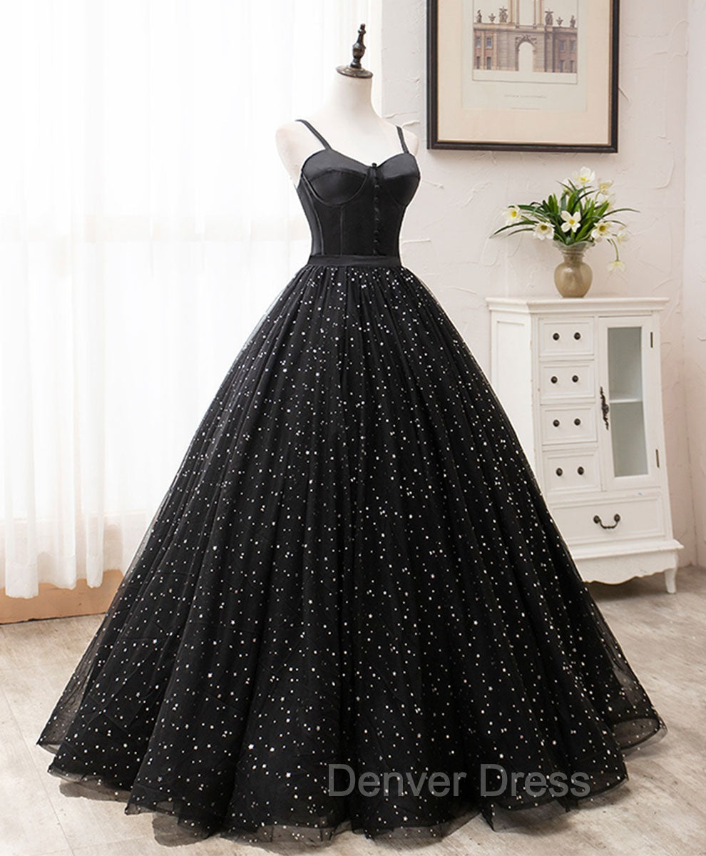 Black Sweetheart Tulle Long Prom Dresses, Black Formal Sweet 16 Dresses