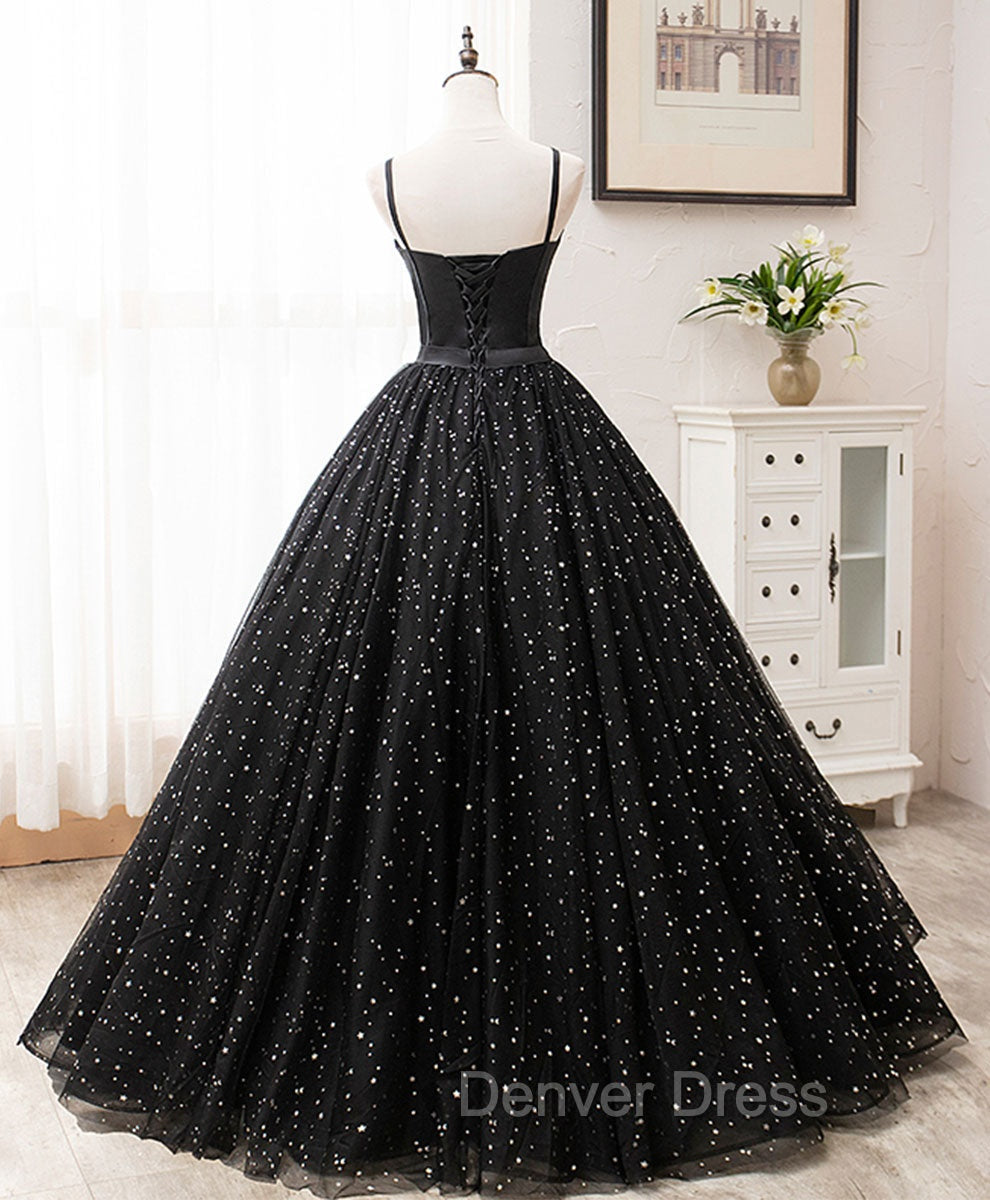 Black Sweetheart Tulle Long Prom Dresses, Black Formal Sweet 16 Dresses