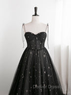 Black Sweetheart Tulle Straps Long Prom Dress, Black Prom Dresses