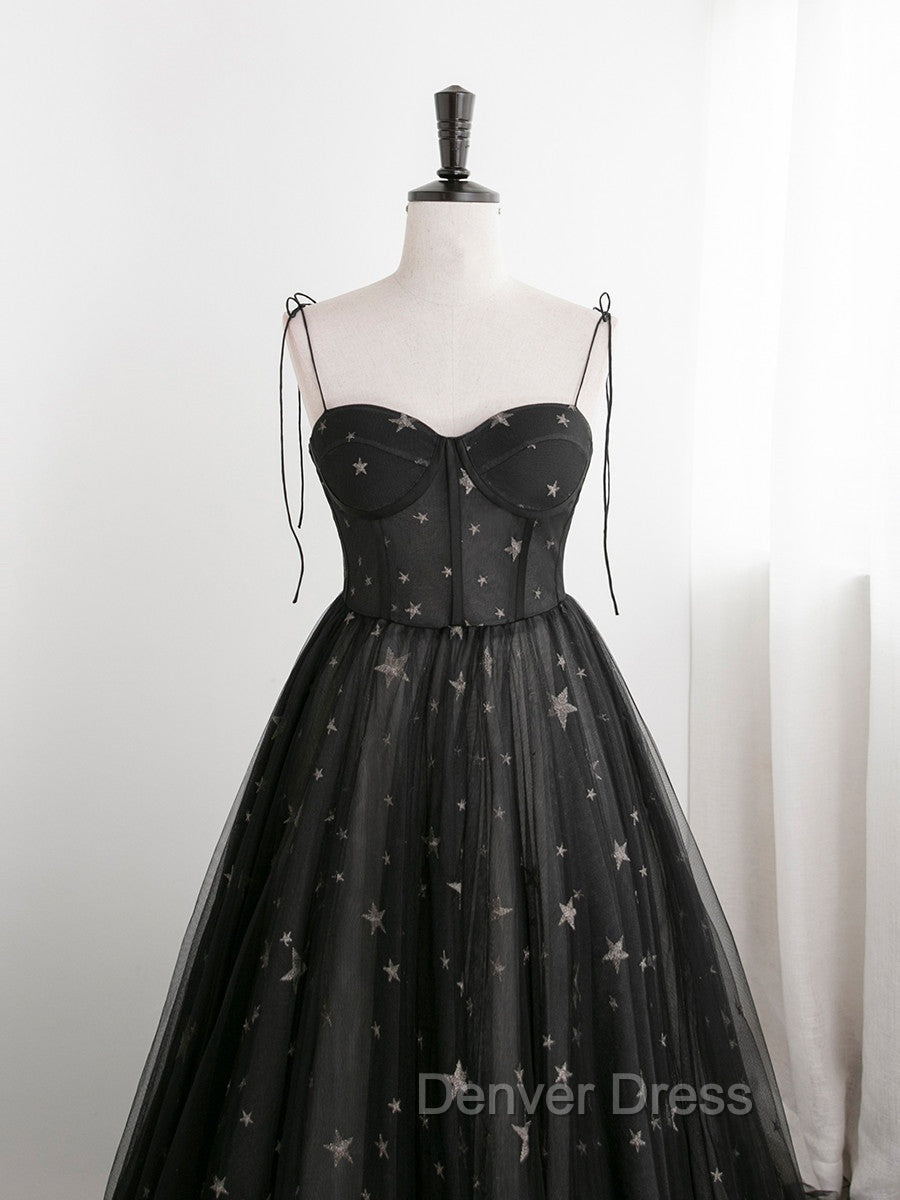Black Sweetheart Tulle Straps Long Prom Dress, Black Prom Dresses