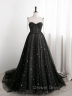 Black Sweetheart Tulle Straps Long Formal Dresses, Black Evening Party Dresses