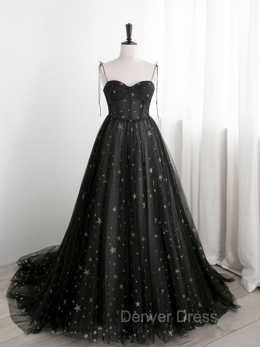Black Sweetheart Tulle Straps Long Formal Dresses, Black Evening Party Dresses