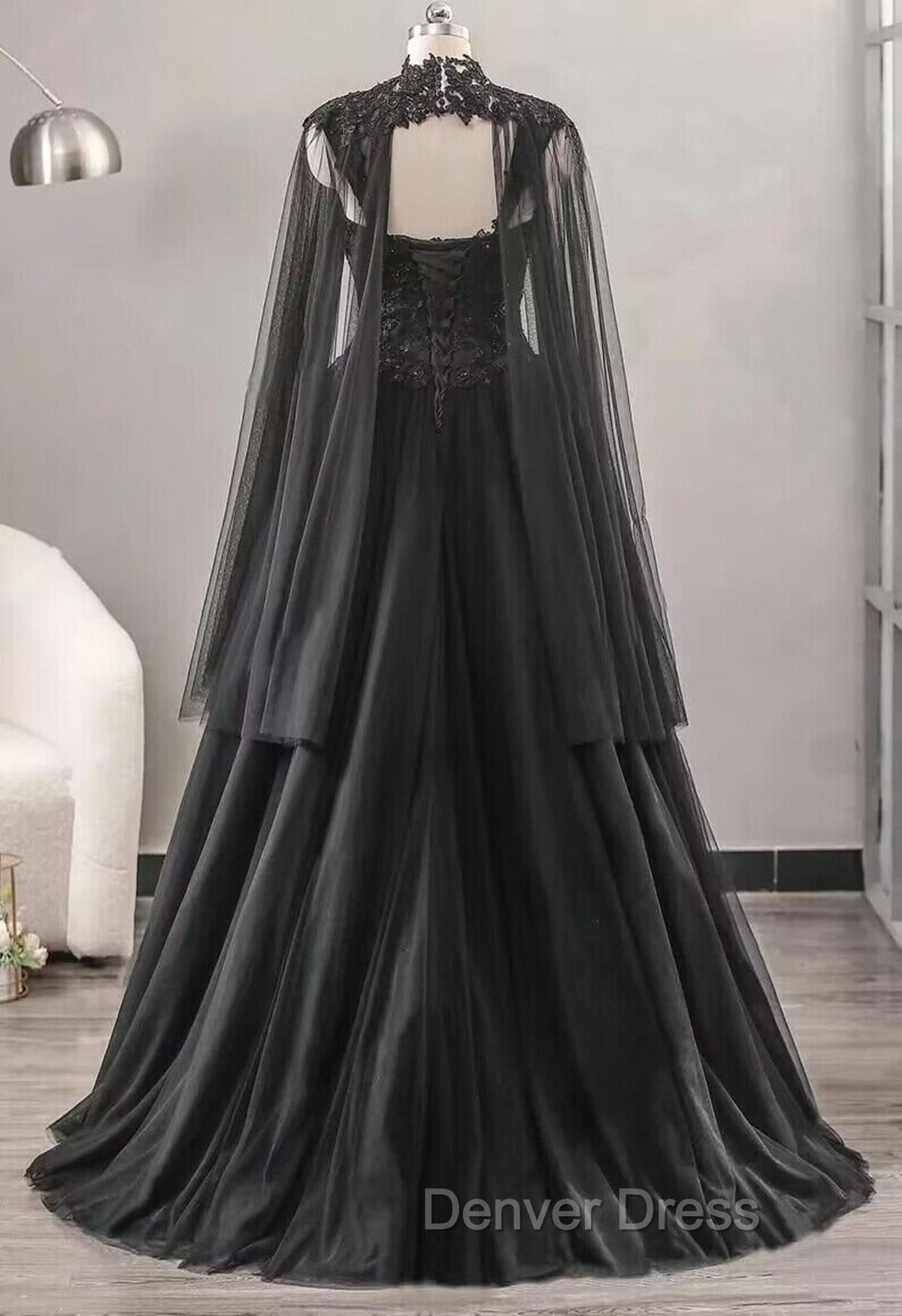 Black Sweetheart Tulle with Lace Long Sweet 16 Dresses, Black Formal Dresses with Cape