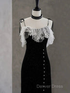 Black Tea Length Straps Beaded Formal Dresses, Black Party Dresses Evening Dresses