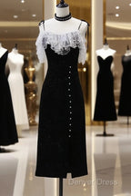 Black Tea Length Straps Beaded Formal Dresses, Black Party Dresses Evening Dresses