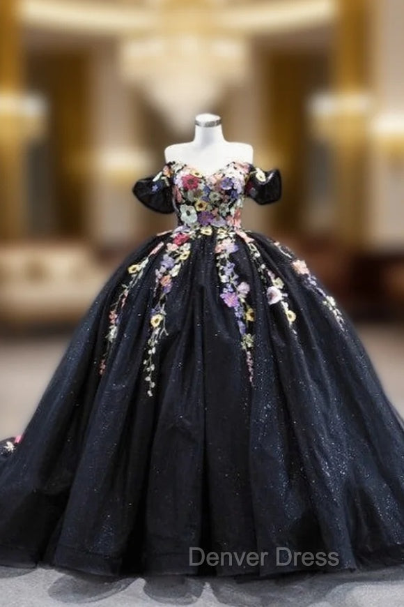 Black Tulle 3D Flower Off the Shoulder Prom Dresses Main image