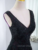 Black Tulle A-Line V-Neck Purple Satin Lace Applique Long Prom Dresses With Beadings