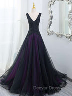 Black Tulle A-Line V-Neck Purple Satin Lace Applique Long Prom Dresses With Beadings