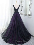 Black Tulle A-Line V-Neck Purple Satin Lace Applique Long Prom Dresses With Beadings