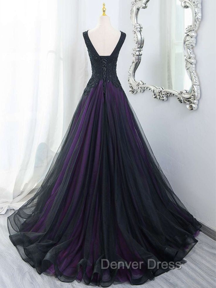 Black Tulle A-Line V-Neck Purple Satin Lace Applique Long Prom Dresses With Beadings