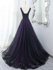Black Tulle A-Line V-Neck Purple Satin Lace Applique Long Prom Dress With Beadings