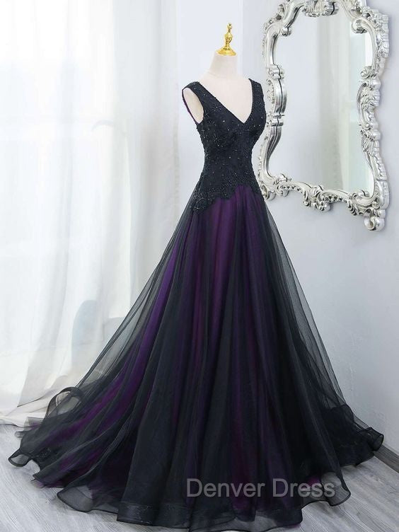 Black Tulle A-Line V-Neck Purple Satin Lace Applique Long Prom Dresses With Beadings