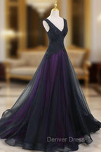 Black Tulle A-Line V-Neck Purple Satin Lace Applique Long Prom Dresses With Beadings