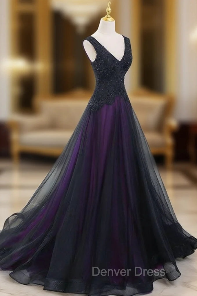 Black Tulle A-Line V-Neck Purple Satin Lace Applique Long Prom Dresses With Beadings