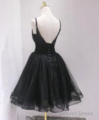Black Tulle And Beaded Knee Length Straps Homecoming Dress, Black Short Prom Dresses